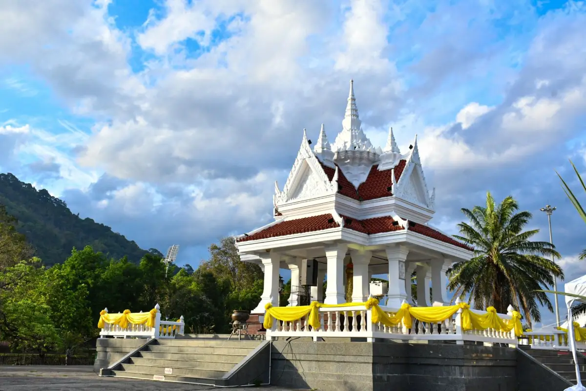 Ranong City Pillar Shrine with its white four-gabled pavilion and five spires
