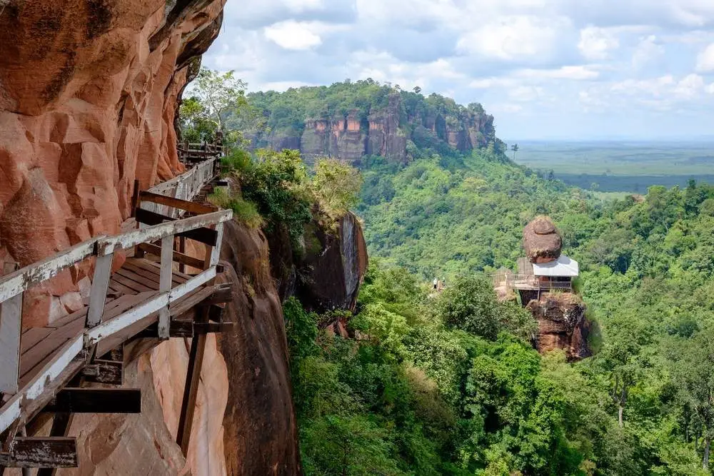 Phu Tok in Bueng Kan, featuring elevated wooden walkways around sandstone cliffs at Wat Jetiyakhiri Wihan