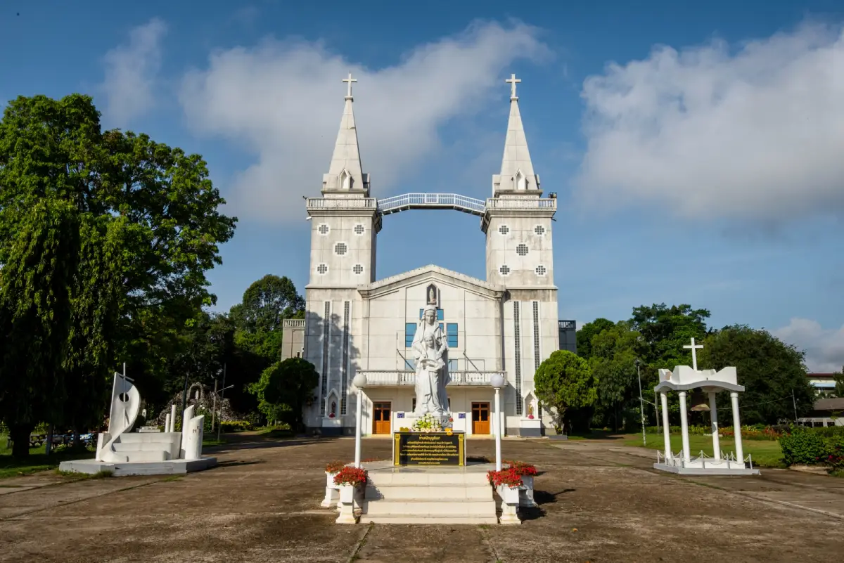 Co-Cathedral of Saint Anne in Nong Saeng, Nakhon Phanom, a white Catholic church beside the Mekong River