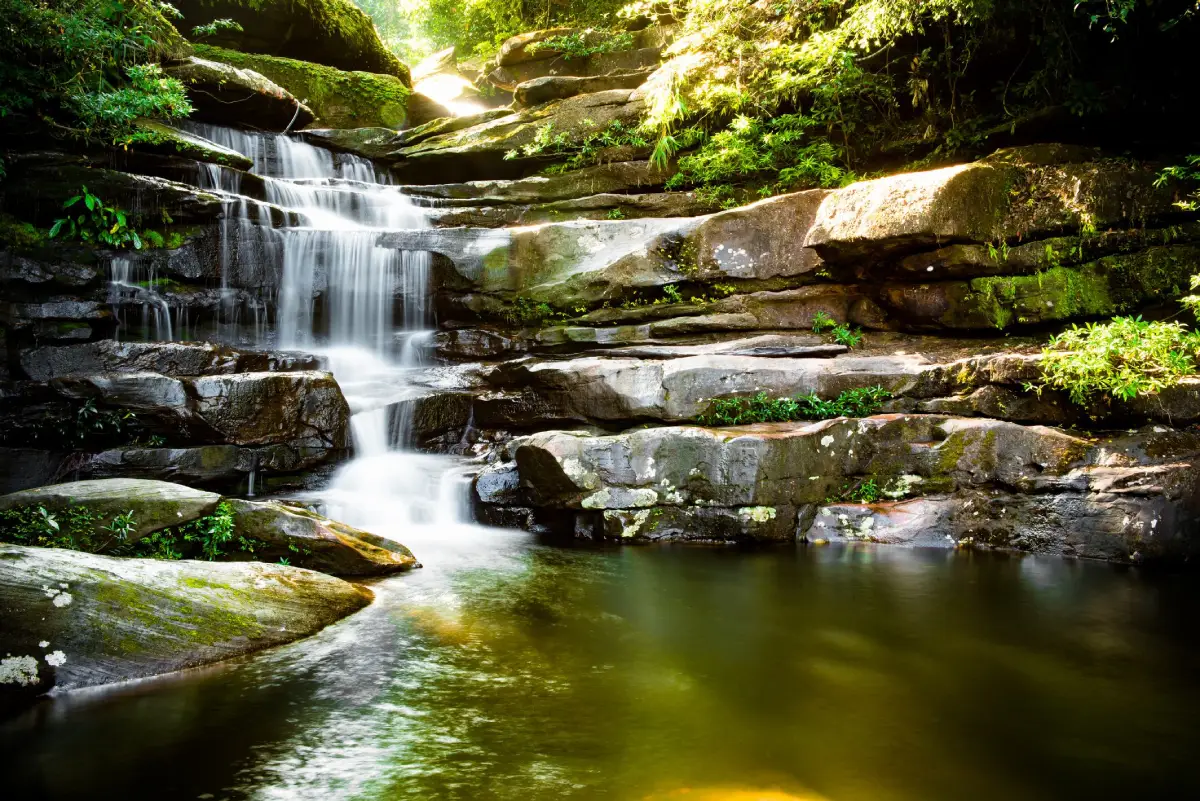 Tat Pho Waterfall in Nakhon Phanom, a forest waterfall with multiple sandstone cascades in Phu Langka National Park