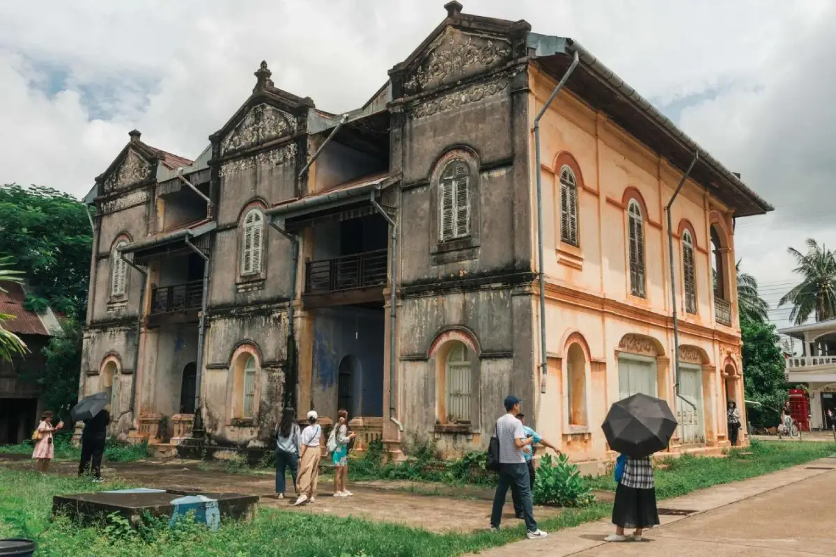 Tha Rae Old Church in Sakon Nakhon, part of a historic Catholic neighborhood with colonial-style buildings